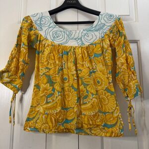 Cake Couture Yellow Floral Boho Square Neck 3/4 Sleeve Tunic Top Women Size S
